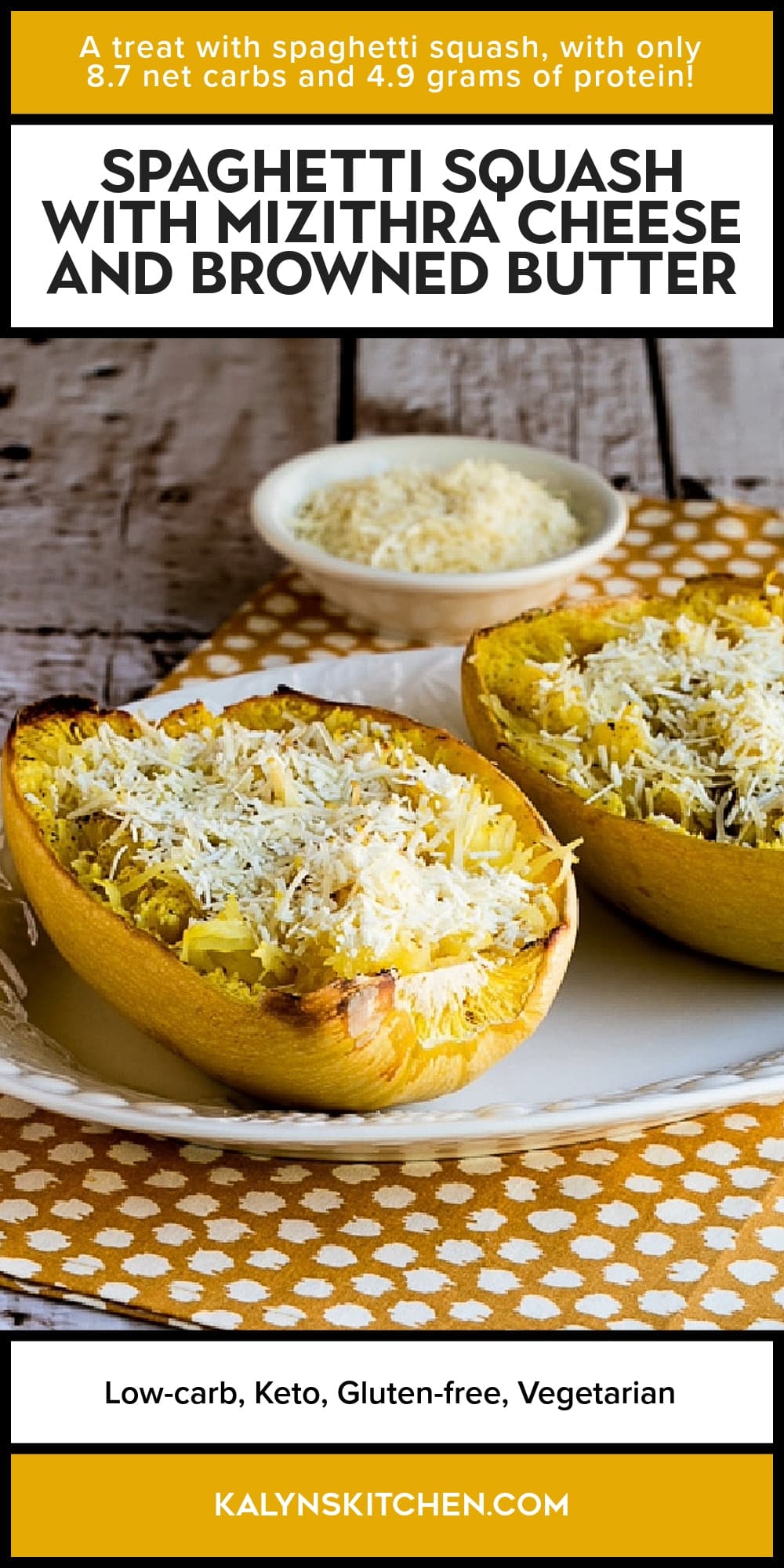 Pinterest image of Spaghetti Squash with Mizithra Cheese and Browned Butter