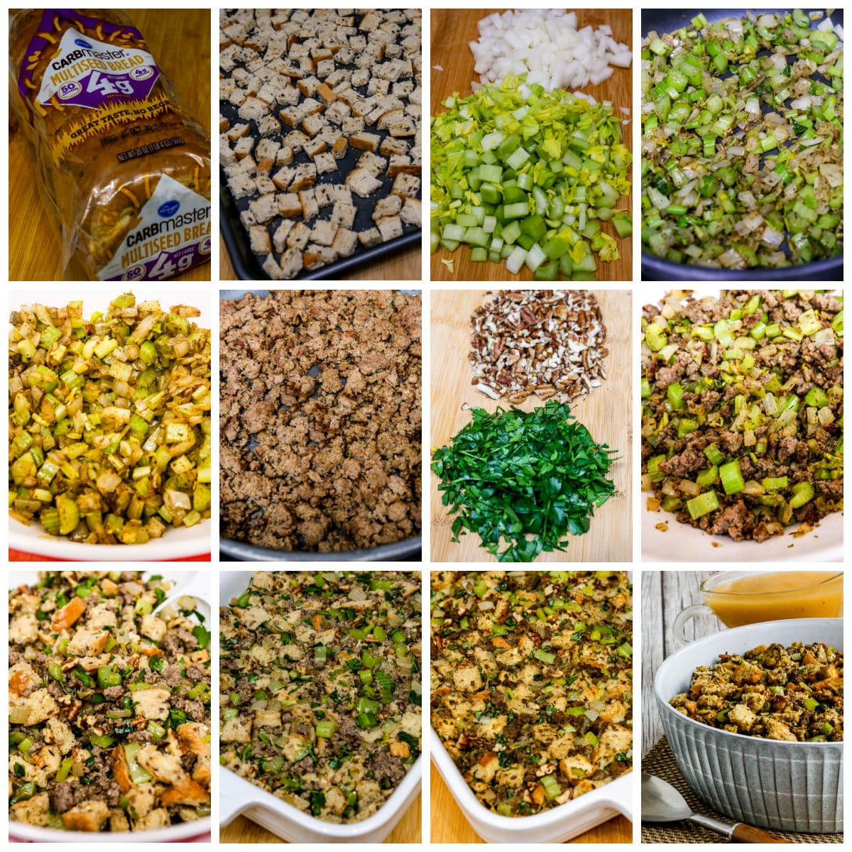 Low-Carb Stuffing recipe process shots collage.