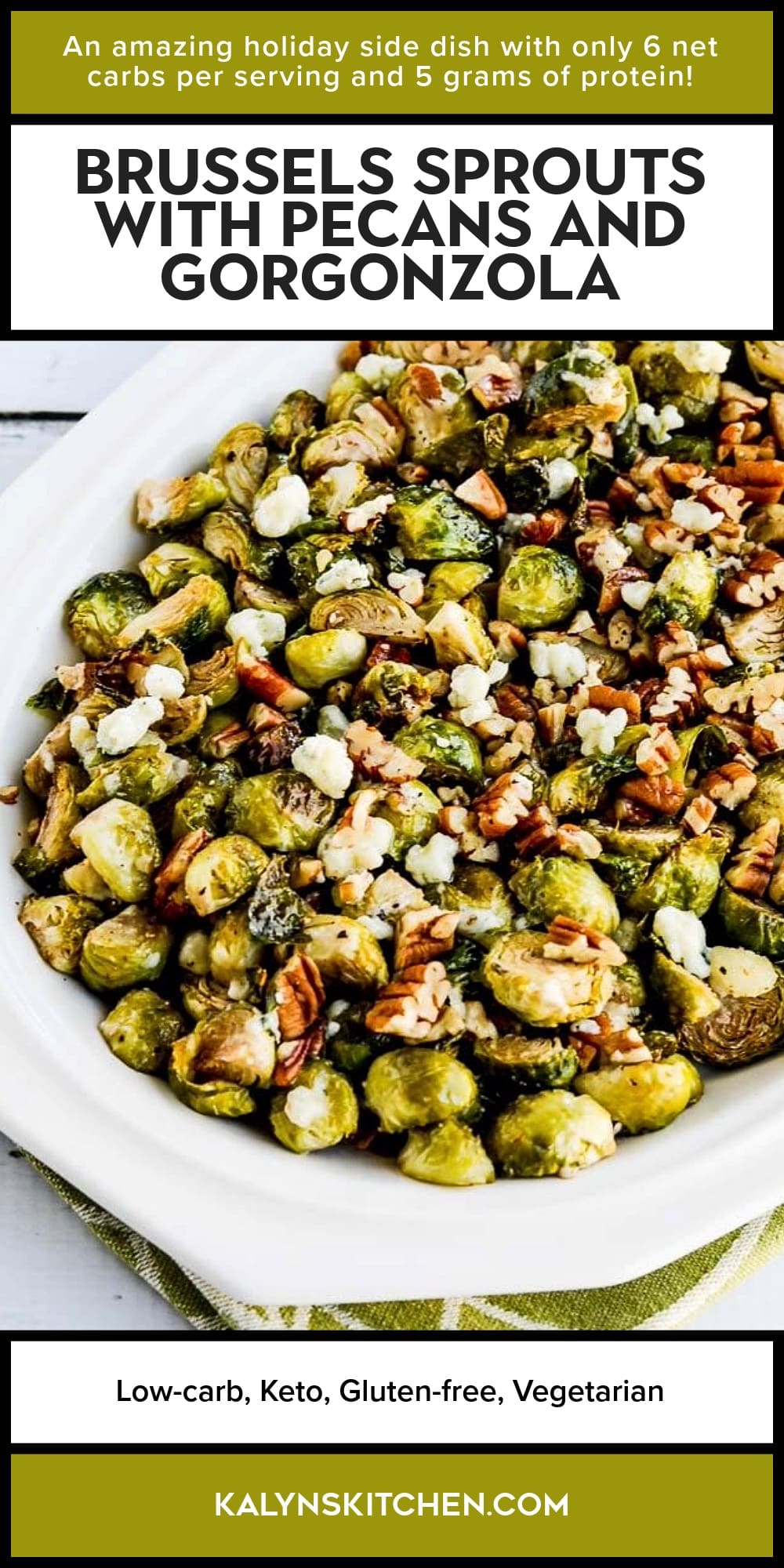 Pinterest image of Brussels Sprouts with Pecans and Gorgonzola