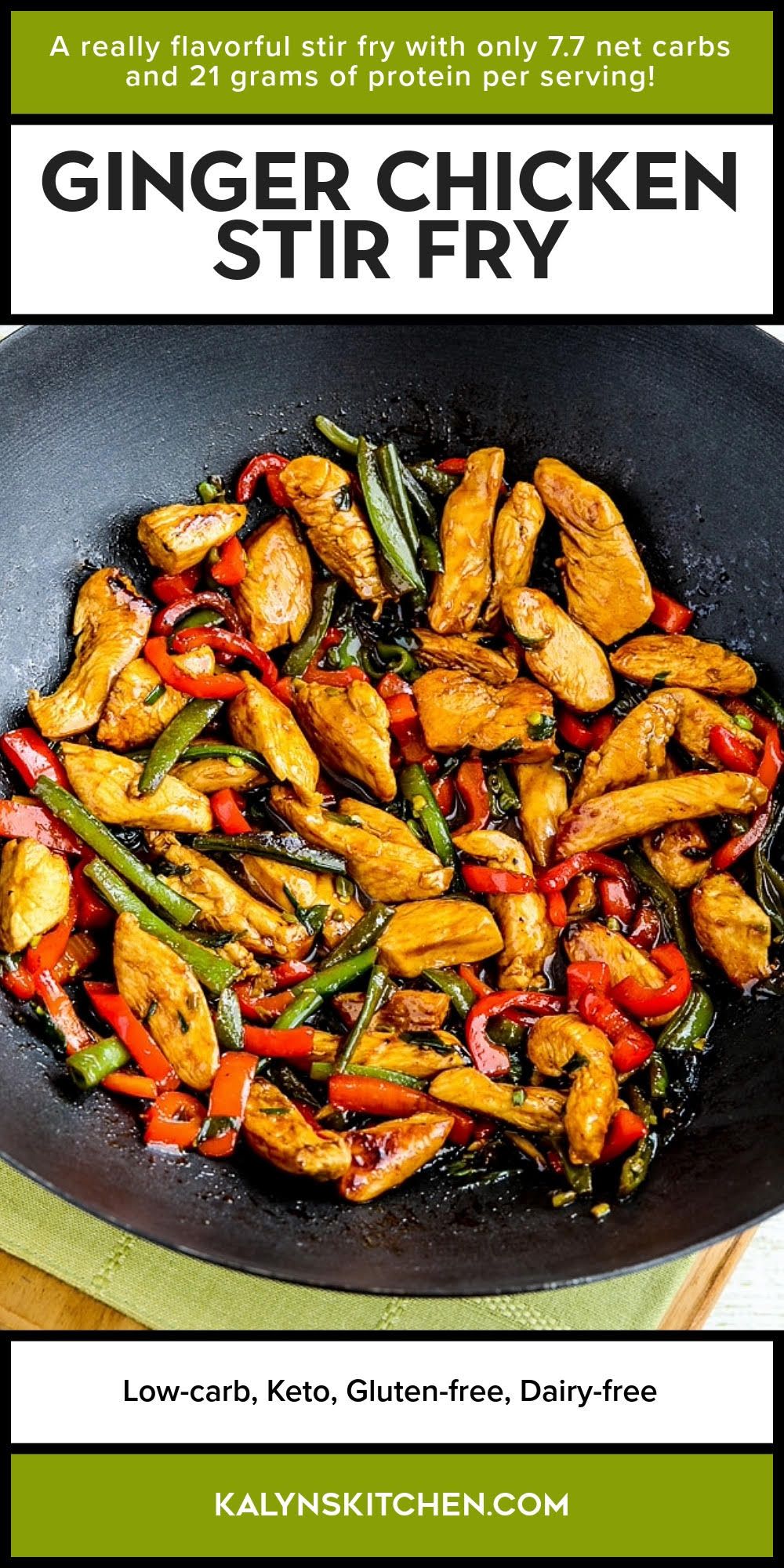 Pinterest image for Ginger Chicken Stir Fry showing finished dish on wok.