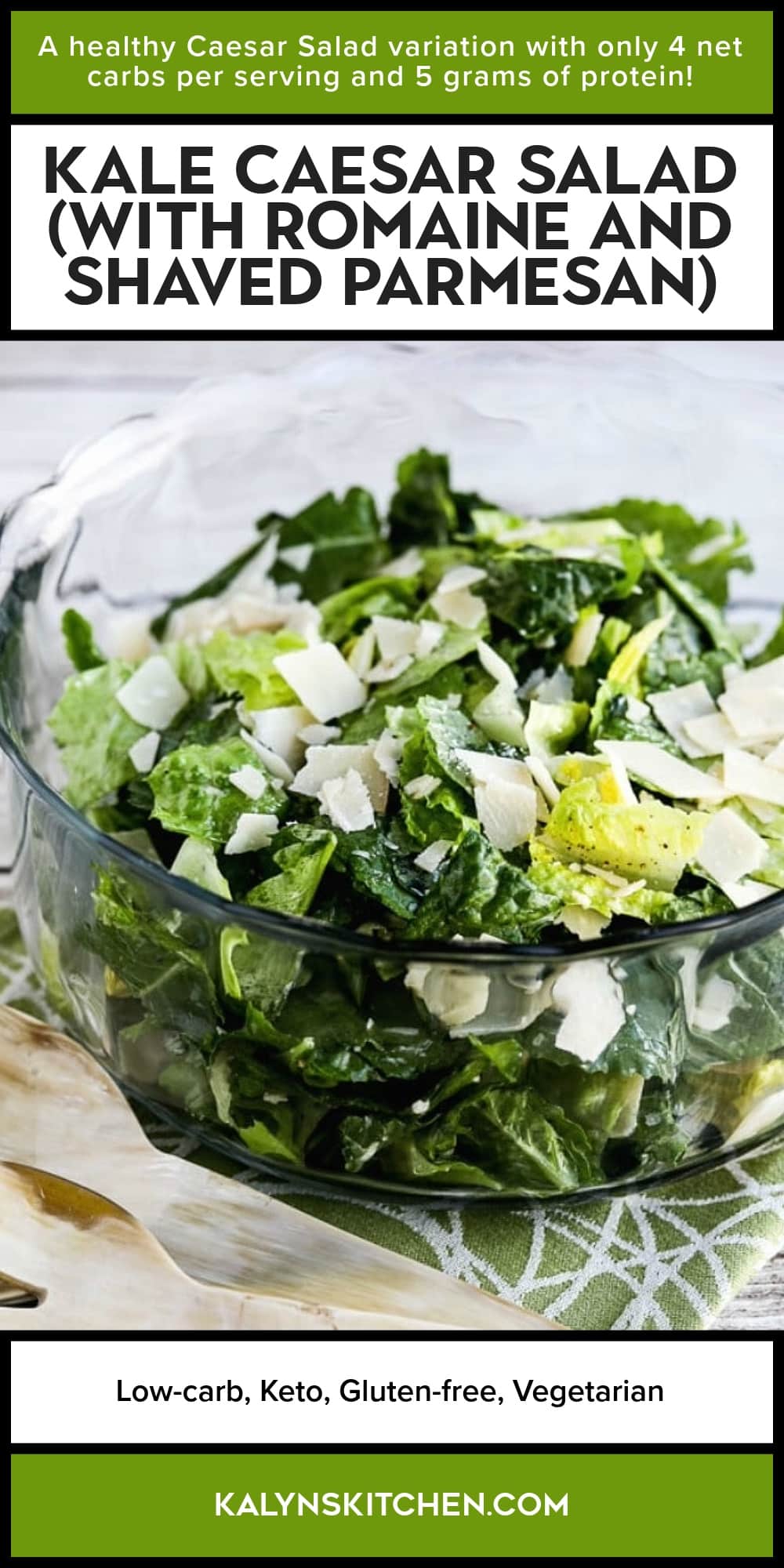 Pinterest image of Kale Caesar Salad (with Romaine and Shaved Parmesan)