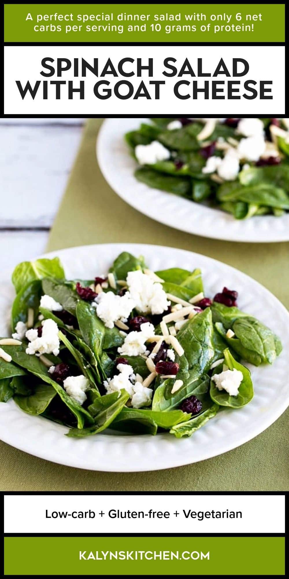 Pinterest image for Spinach Salad with Goat Cheese shown on two serving plates.