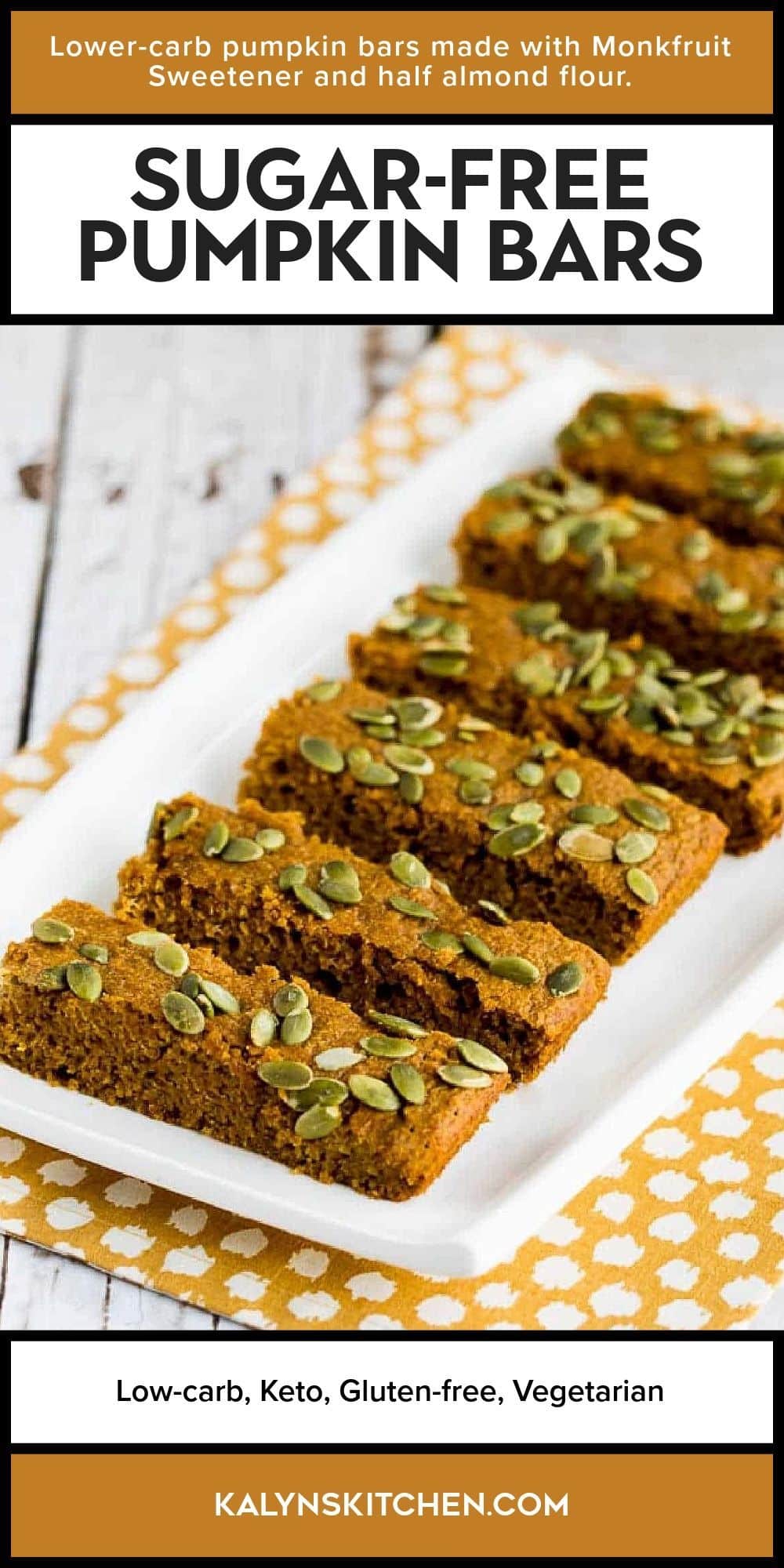 Pinterest image for Sugar-Free Pumpkin Bars shown on serving plate.