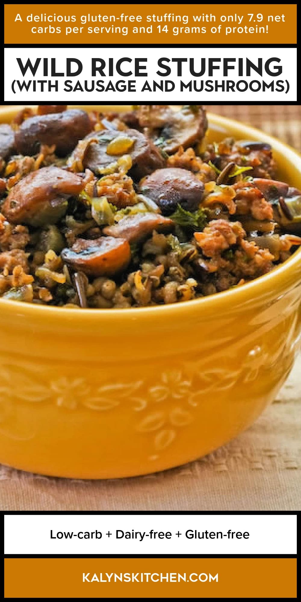 Pinterest image of Wild Rice Stuffing (with Sausage and Mushrooms)