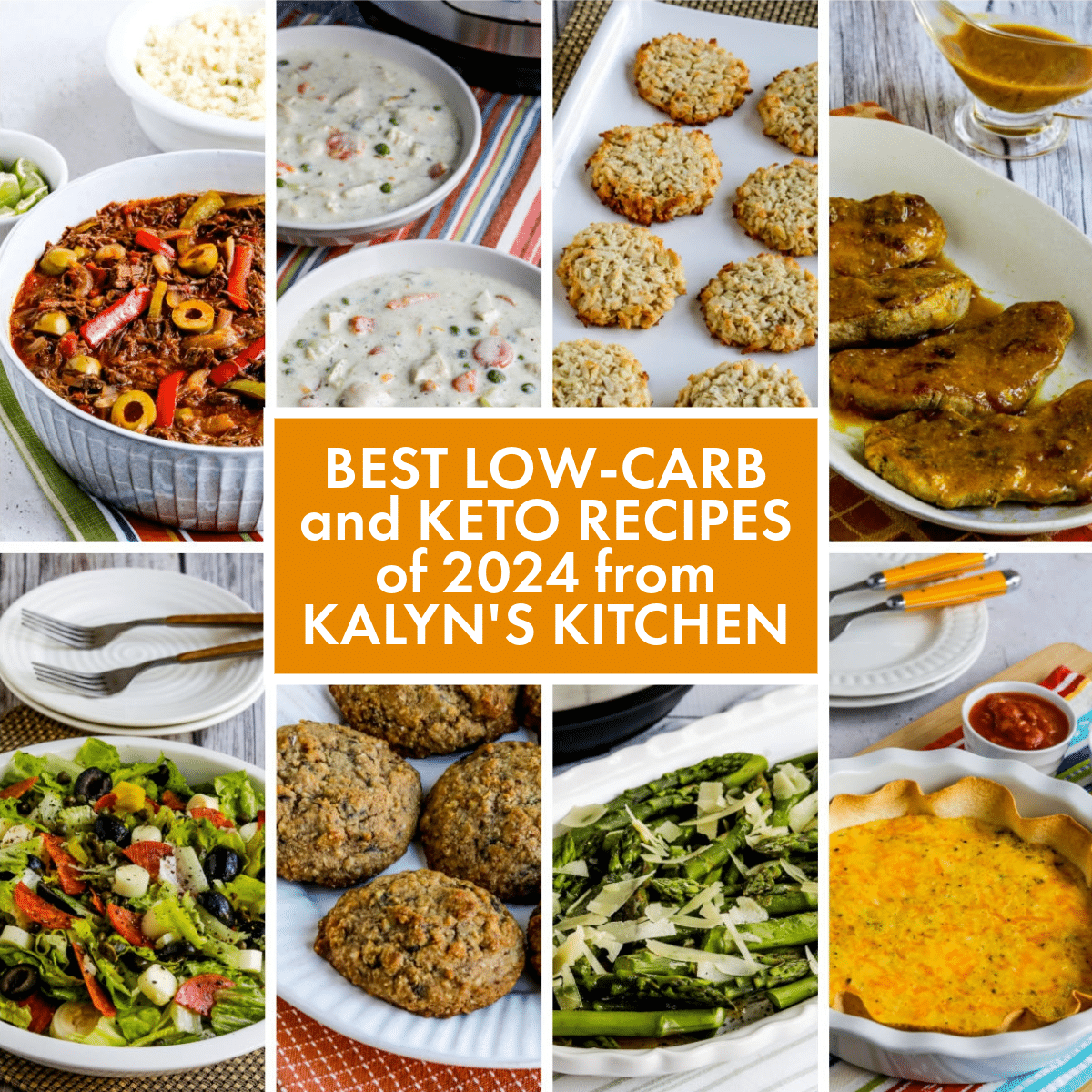 Text overlay image for Best Low-Carb and Keto Recipes of 2024 from Kalyn's Kitchen collage of featured recipes.