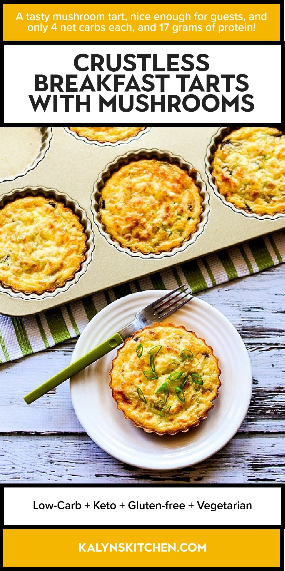 Pinterest image of Crustless Breakfast Tarts with Mushrooms