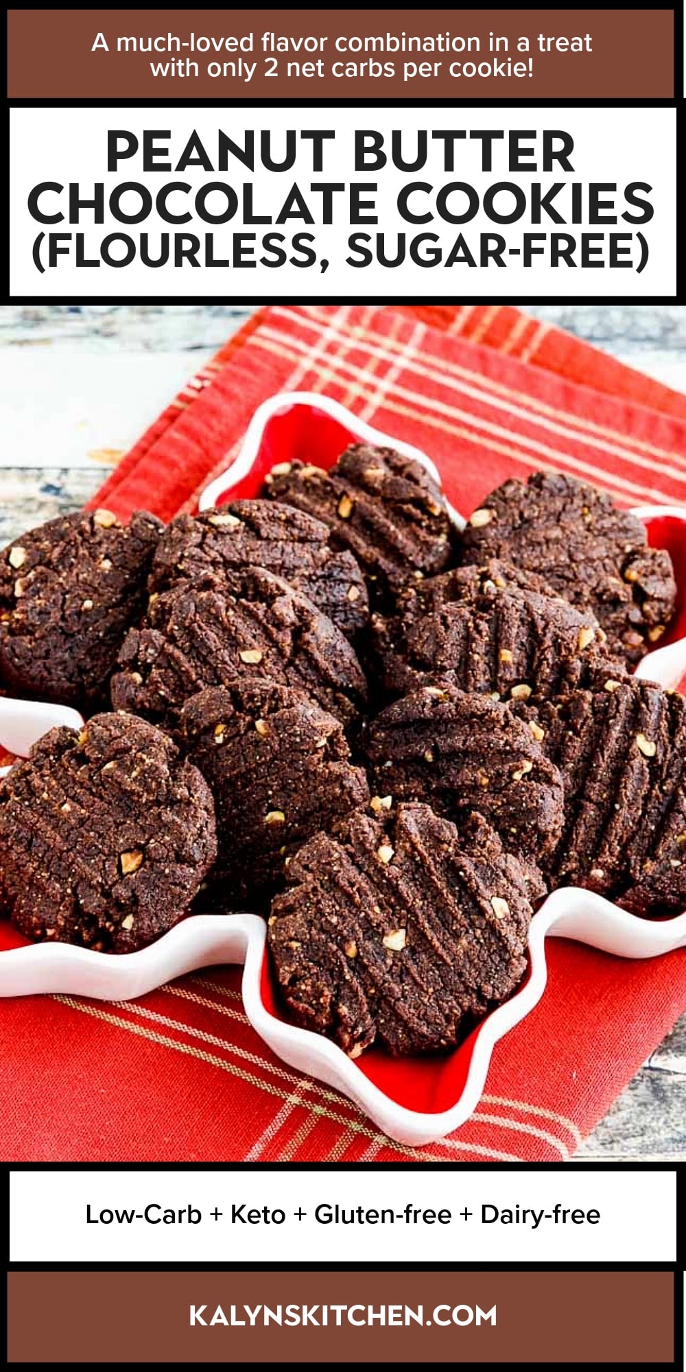 Pinterest image of Peanut Butter Chocolate Cookies (Flourless, Sugar-Free)