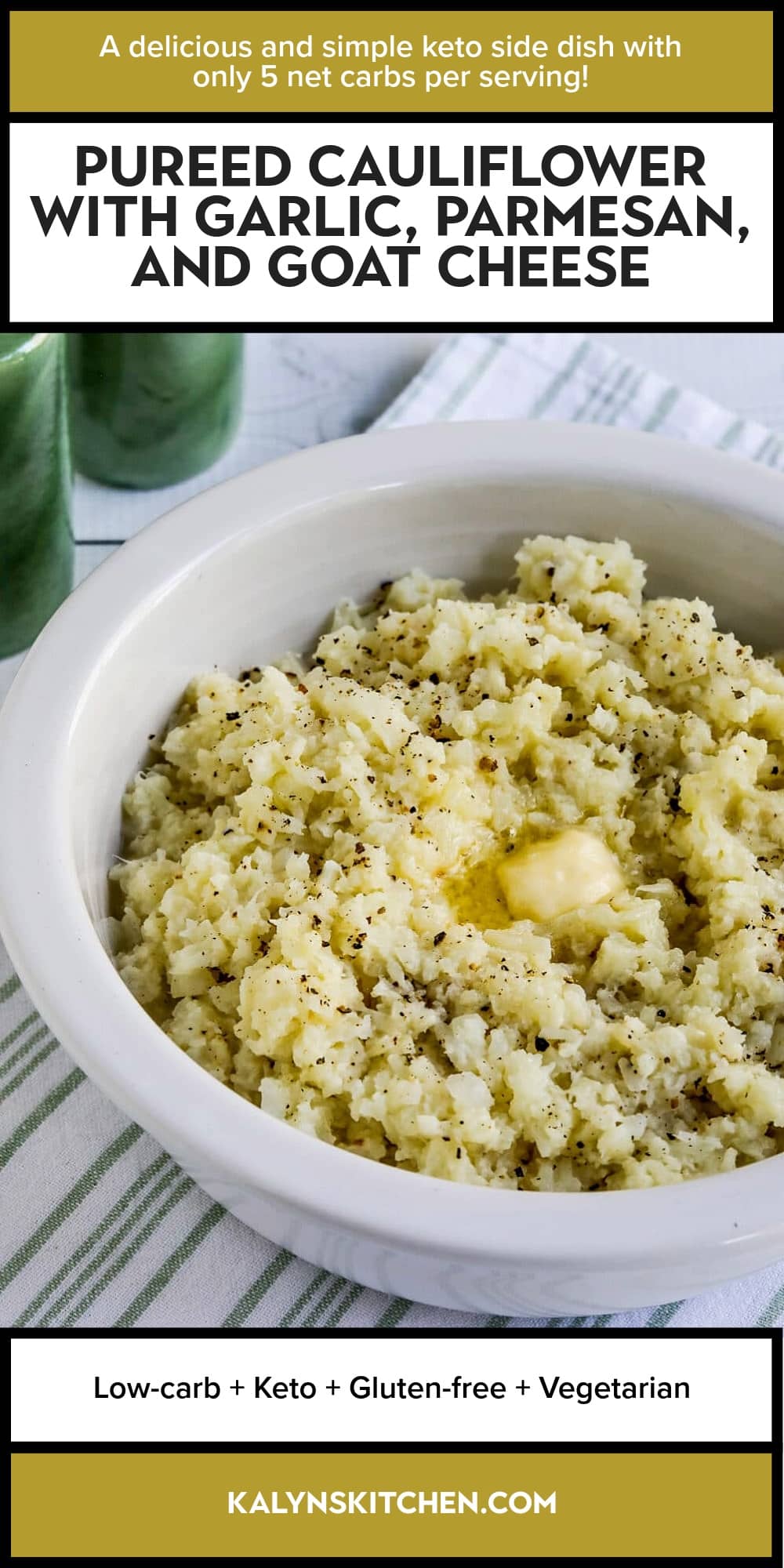 Pinterest image of Pureed Cauliflower with Garlic, Parmesan, and Goat Cheese
