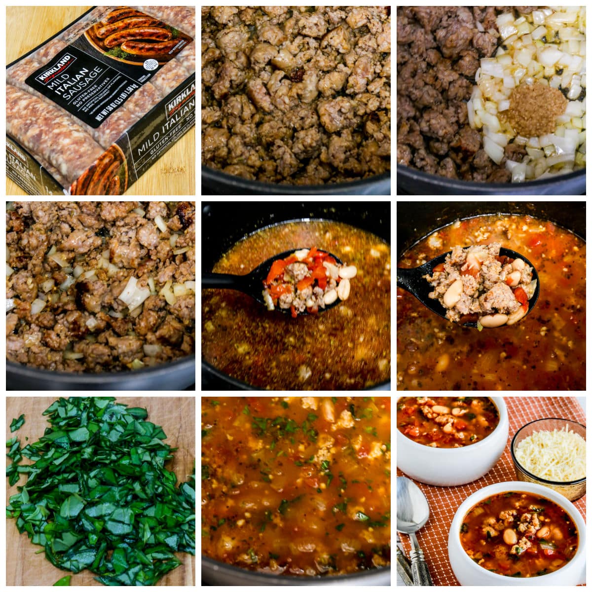 Process shots collage image for Cannellini Bean and Sausage Soup.