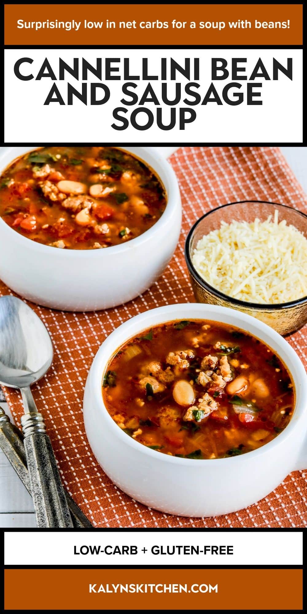 Pinterest image for Cannellini Bean and Sausage Soup shown in two bowls.