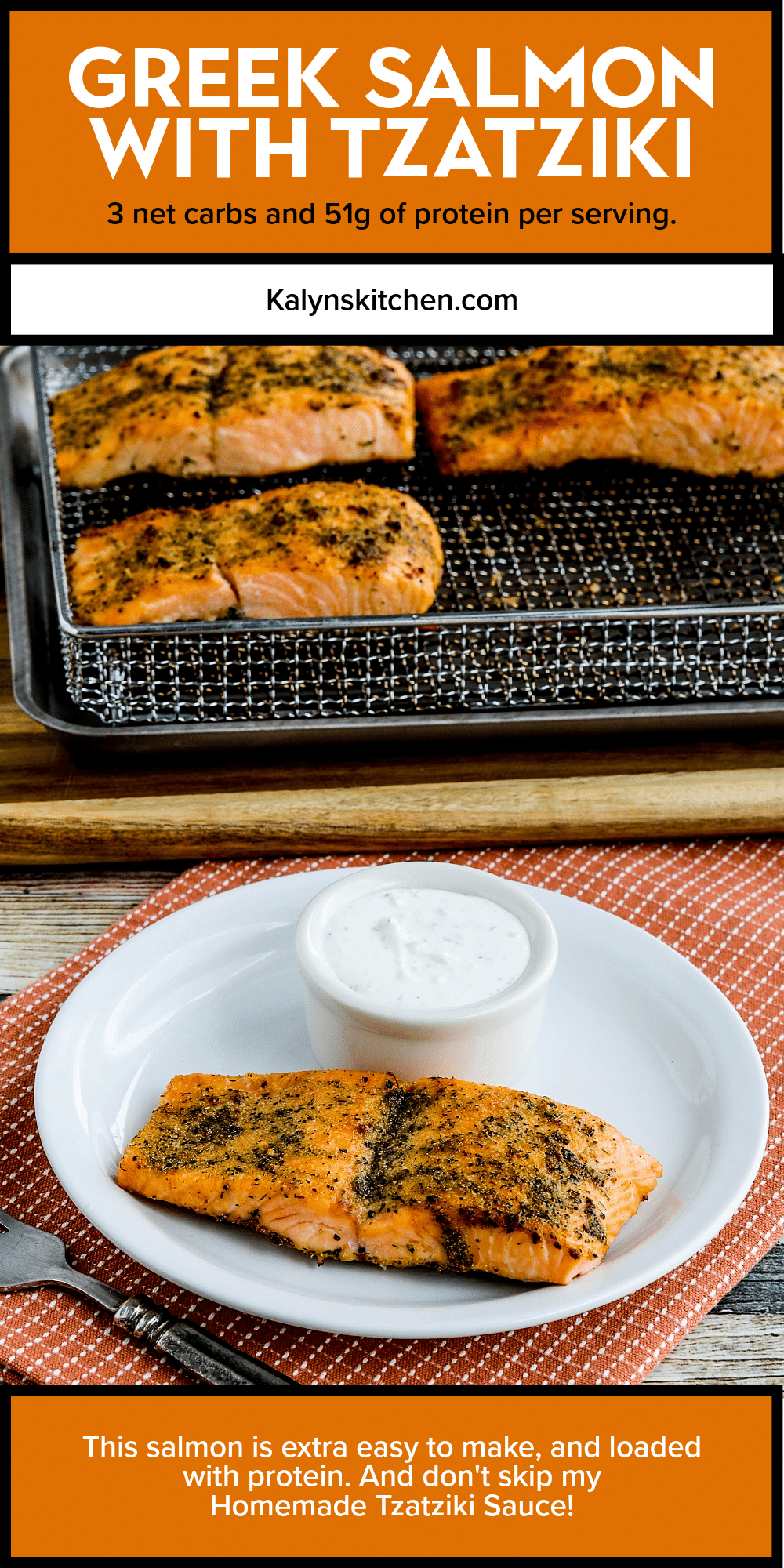 Pinterest image for Greek Salmon with Tzatziki shown with one serving on plate and Air Fryer basket with salmon in back.