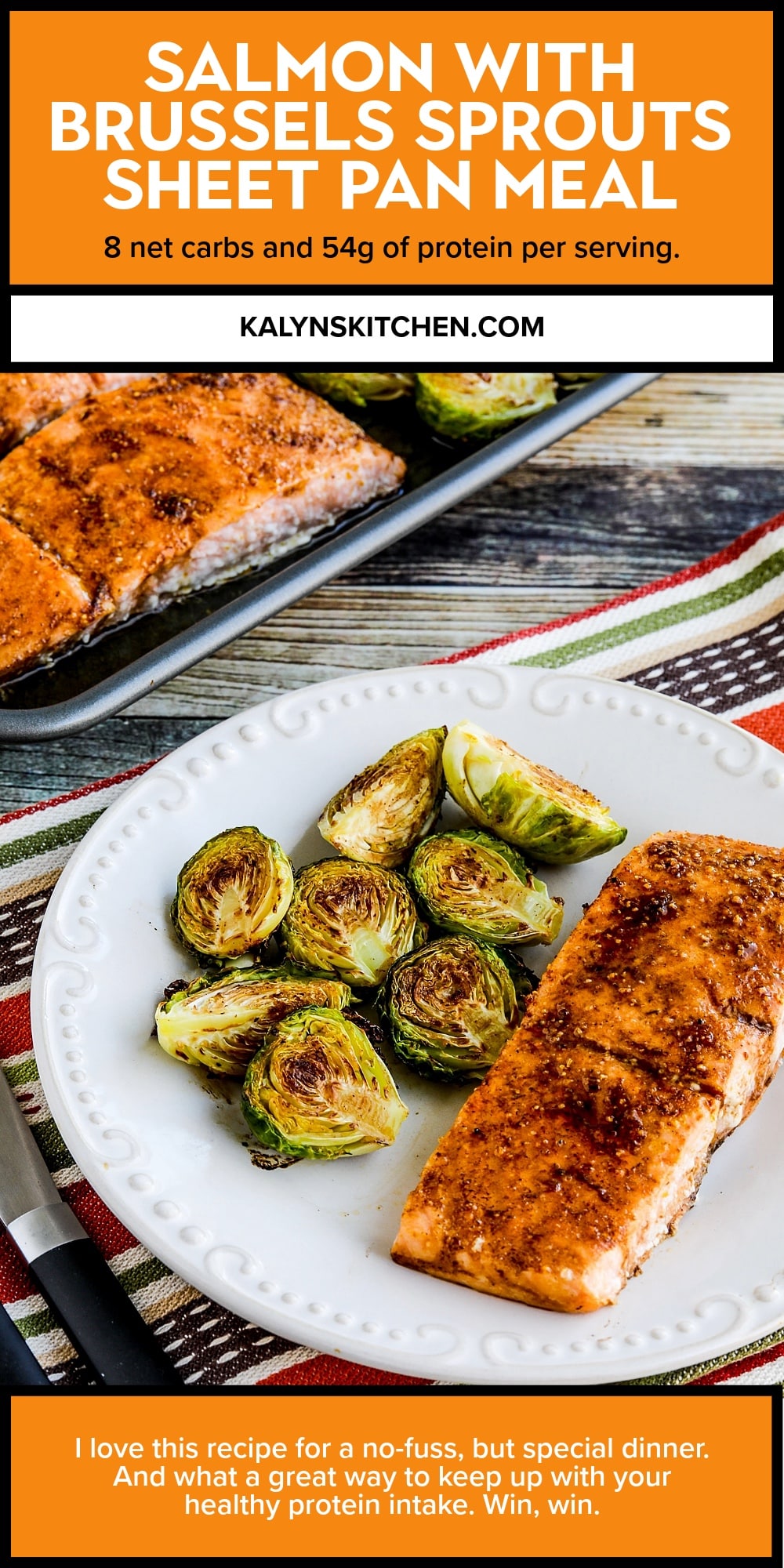 Pinterest image of Salmon with Brussels Sprouts Sheet Pan Meal