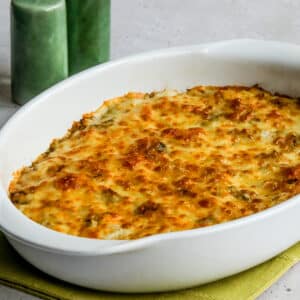 Square image for Cabbage Gratin shown in baking dish with salt-pepper shakers.