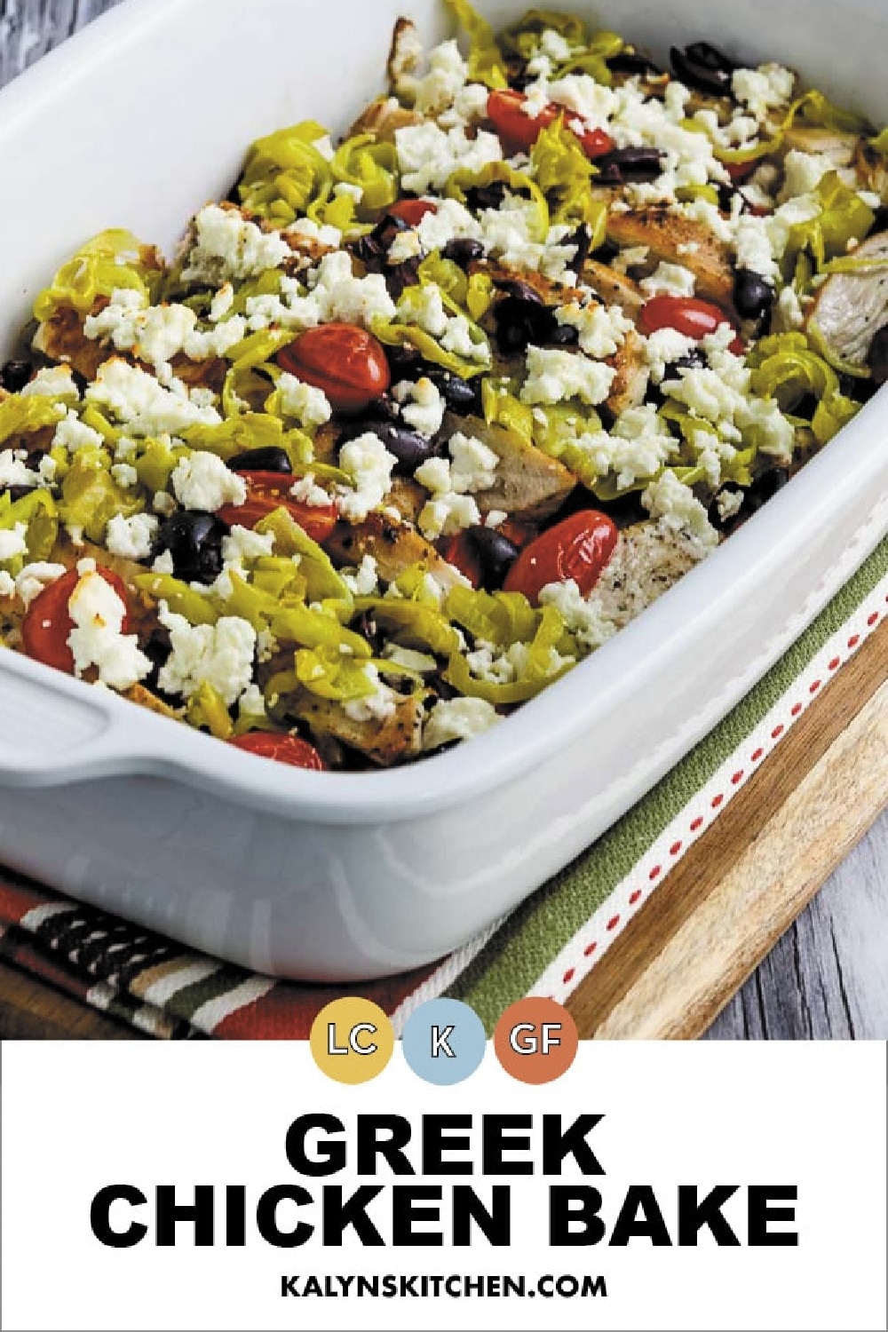 Pinterest image for Greek Chicken Bake showing recipe in casserole dish.
