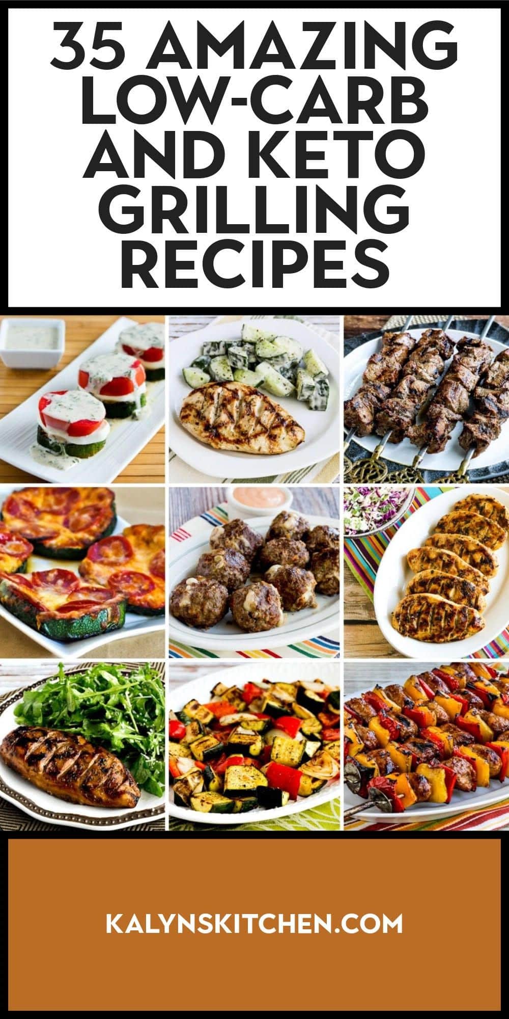 Pinterest image for 35 Amazing Low-Carb and Keto Grilling Recipes collage showing featured recipes.
