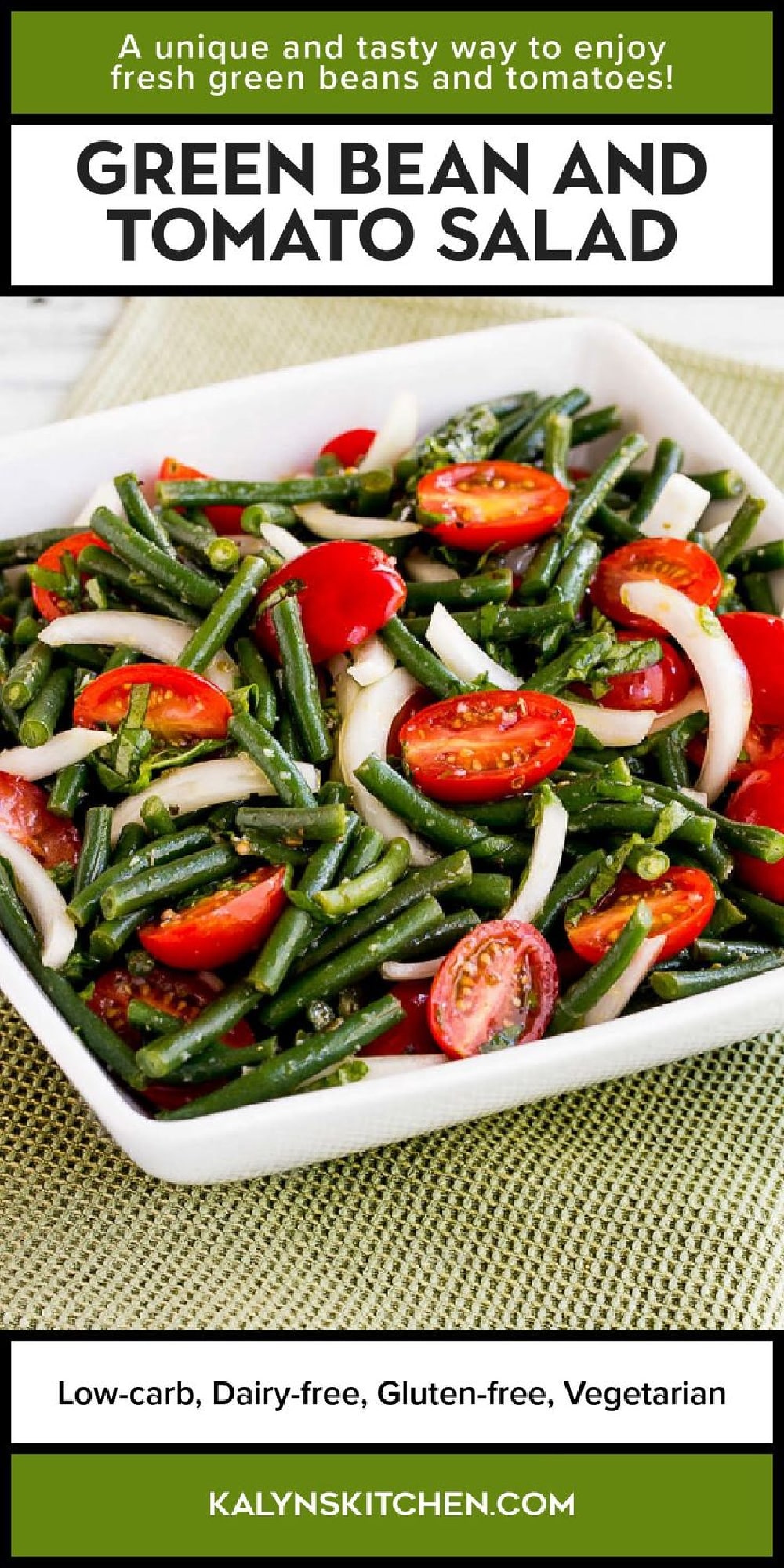 Pinterest image for Green Bean and Tomato Salad shown in serving bowl.