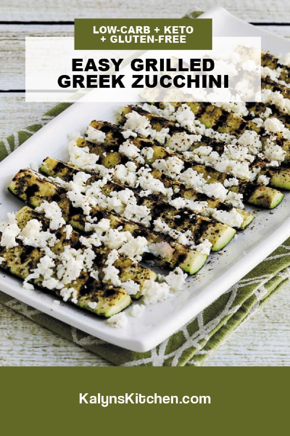 Pinterest image of Easy Greek Grilled Zucchini shown on serving platter.