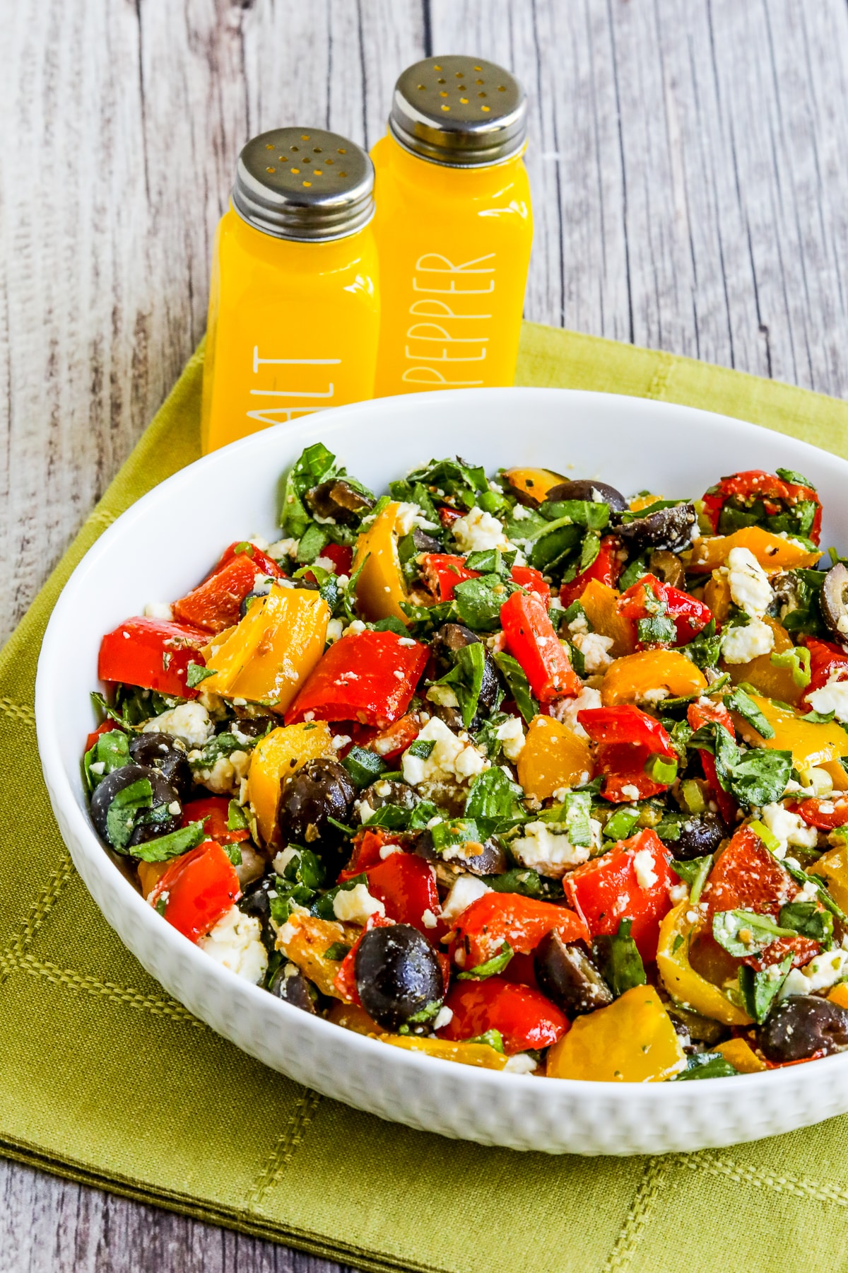 More distant view of Roasted Pepper Salad in bowl.