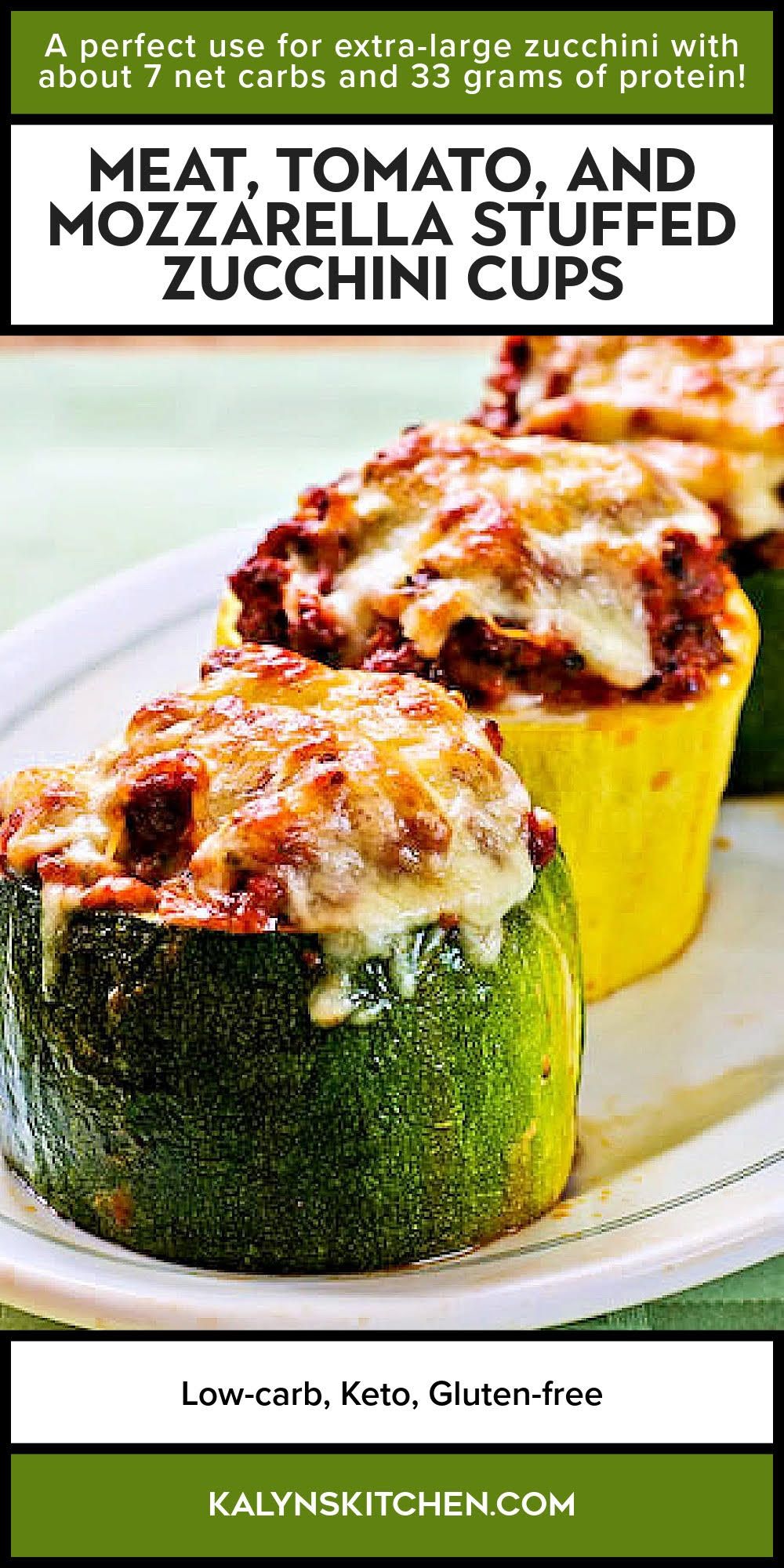 Pinterest image for Meat, Tomato, and Mozzarella Stuffed Zucchini Cups.