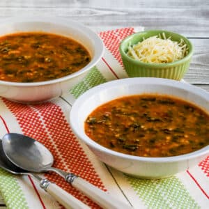 Tomato Spinach Soup in two bowls, square image.