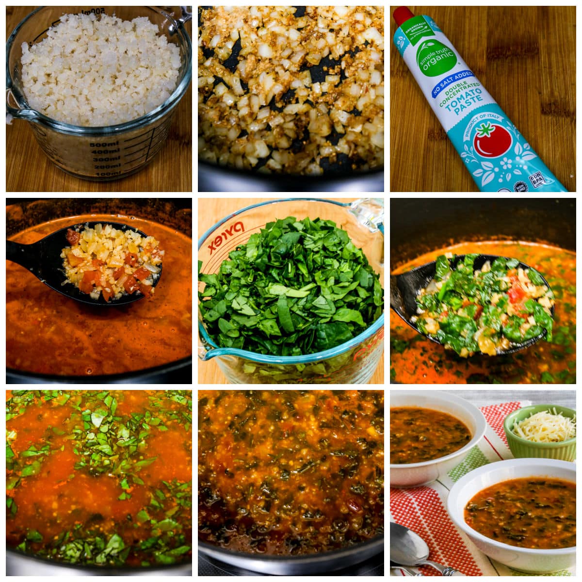 Collage photo for Tomato Spinach Soup showing recipe steps.