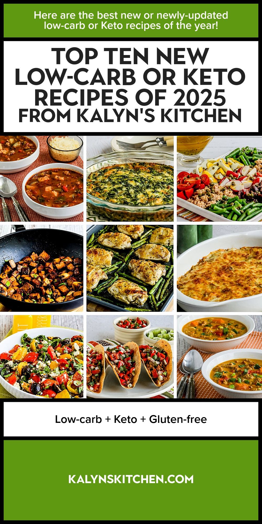 Pinterest image for Top Ten New Low-Carb or Keto Recipes of 2025 from Kalyn's Kitchen.