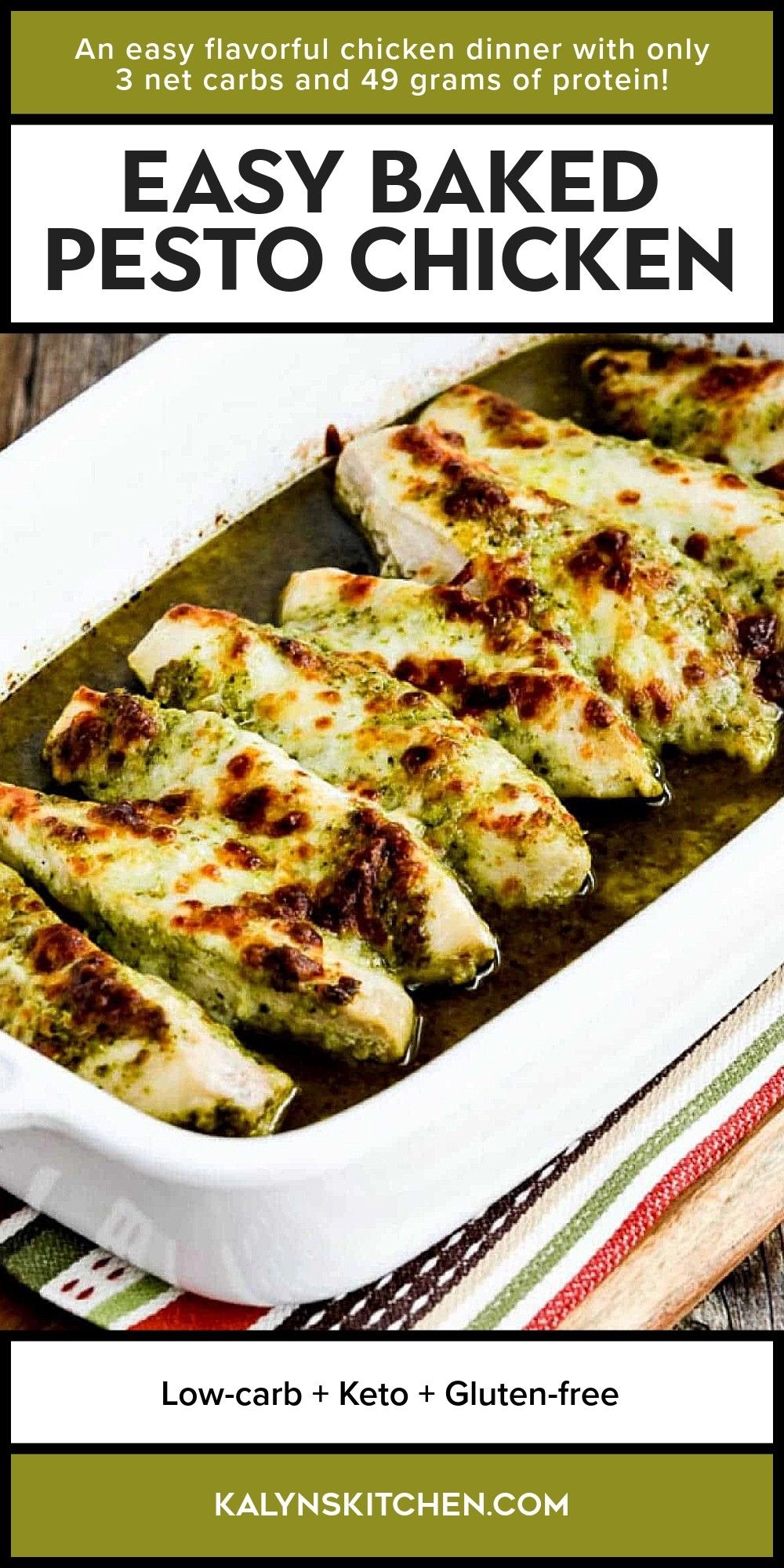 Pinterest image for Easy Baked Pesto Chicken shown in baking dish.