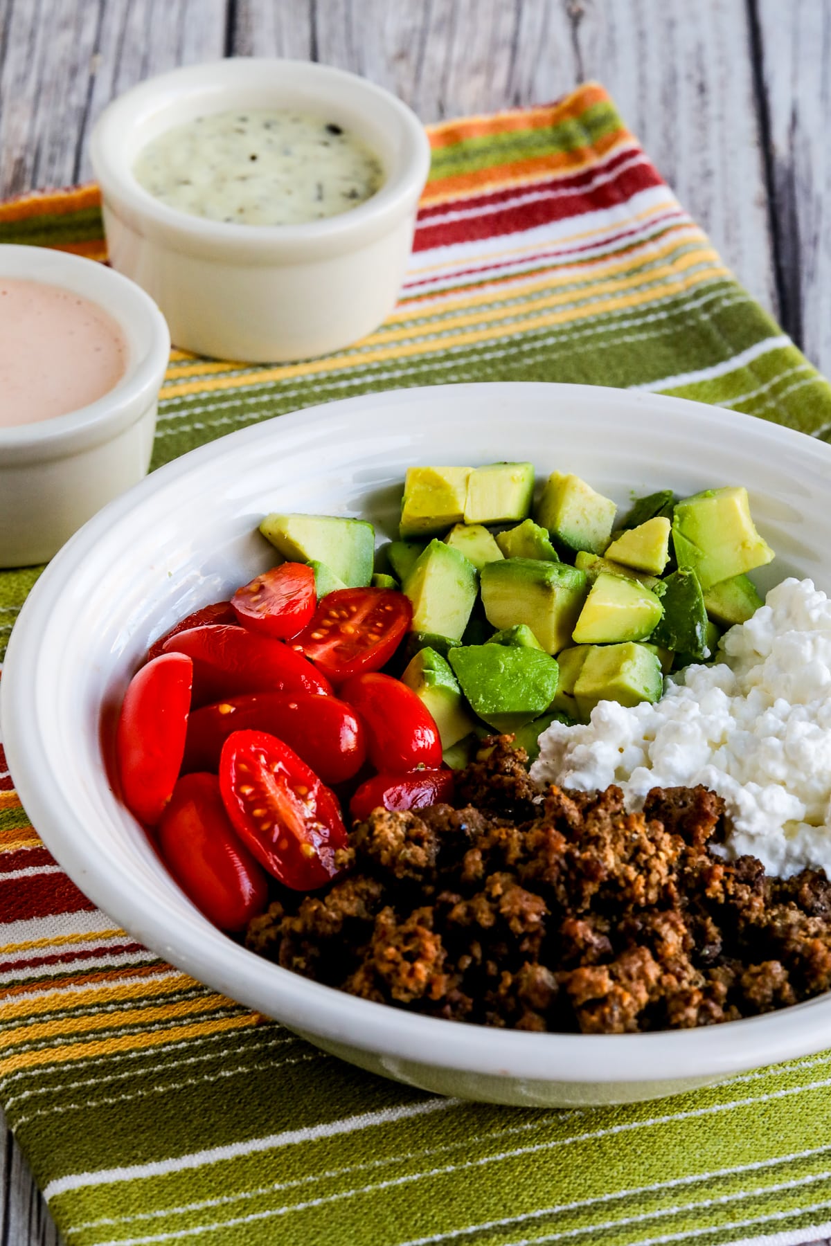 Cottage Cheese Taco Bowl shown with two sauce variations.