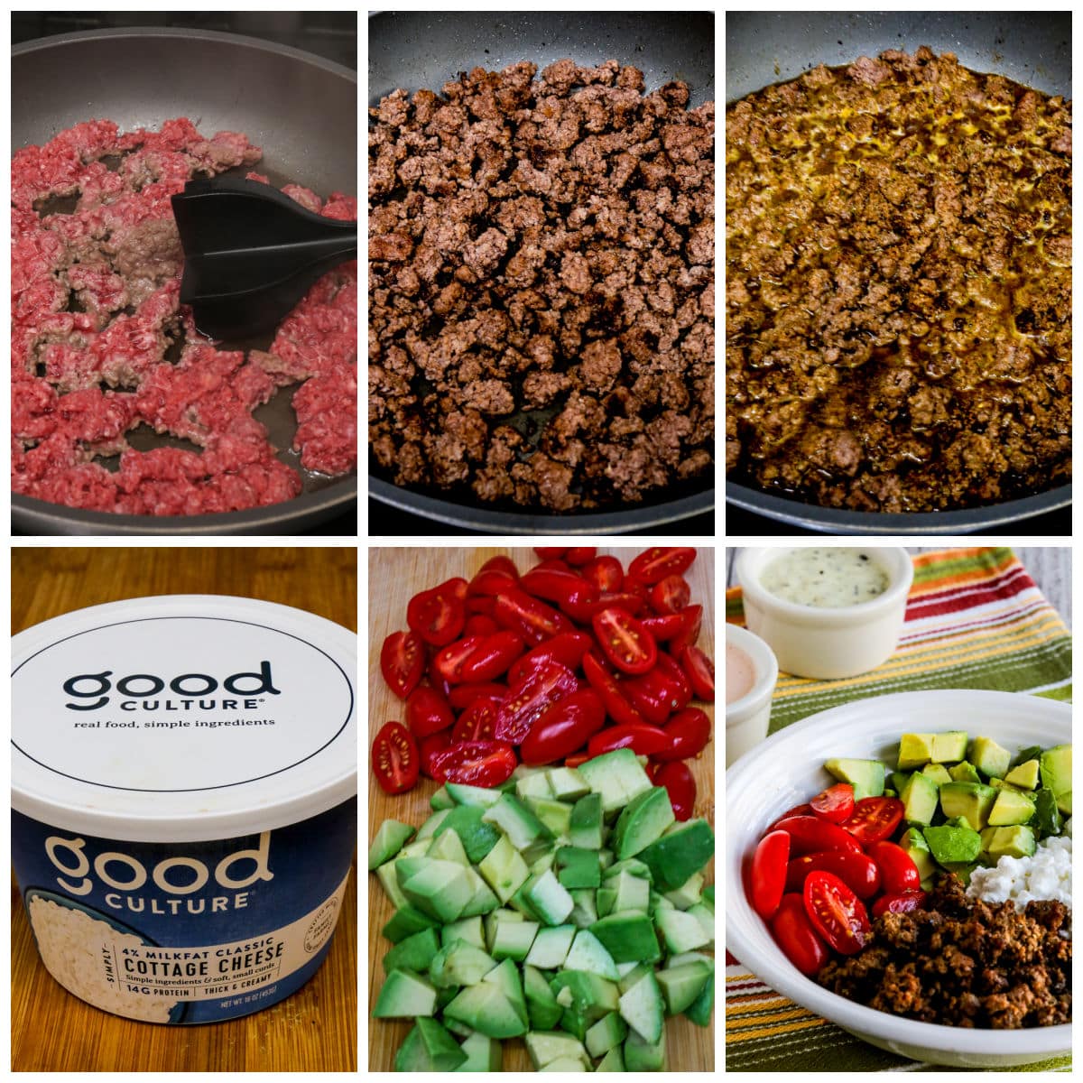 Collage photo showing process steps for Cottage Cheese Taco Bowl.