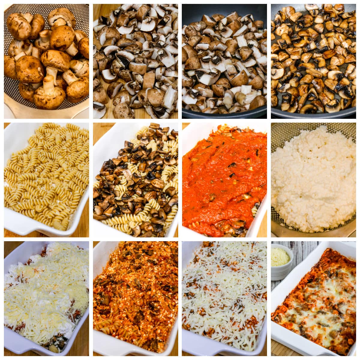 Process shots collage photo for Cottage Cheese Pasta Bake with Mushrooms