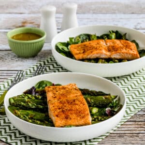 Square image for Salmon and Asparagus Salad shown in two serving bowls.