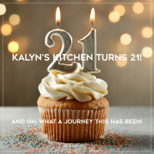 Kalyn's Kitchen Turns 21 Graphic with birthday cupcake and sprinkles.