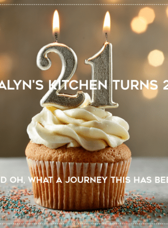 Kalyn's Kitchen Turns 21 Graphic with birthday cupcake and sprinkles.