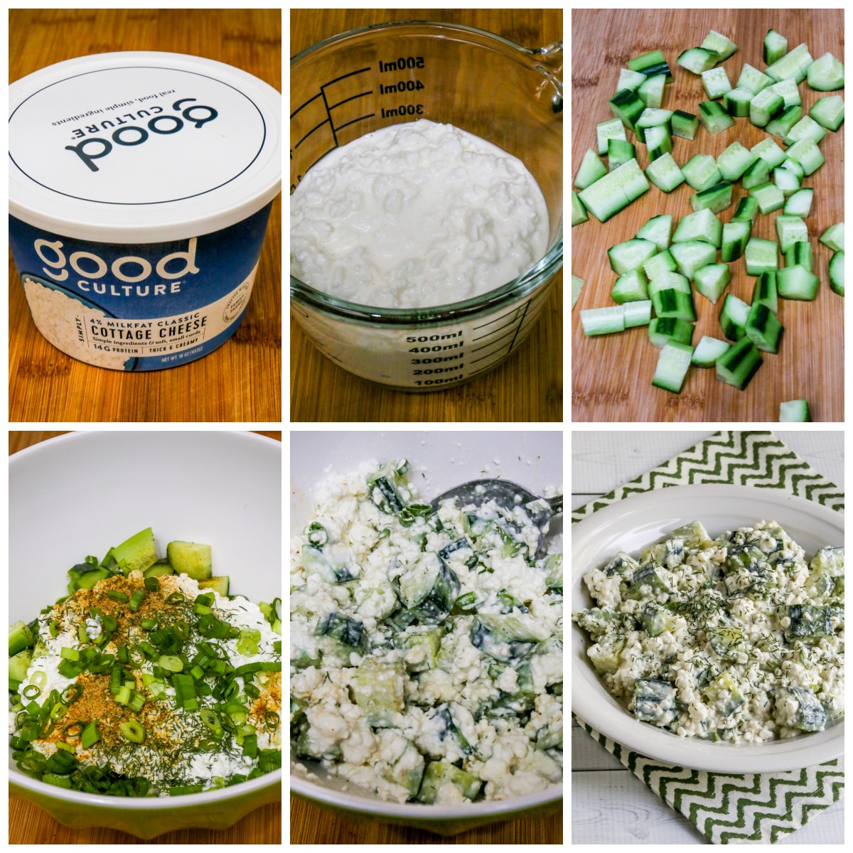 Recipe steps collage for Cottage Cheese Cucumber Salad.