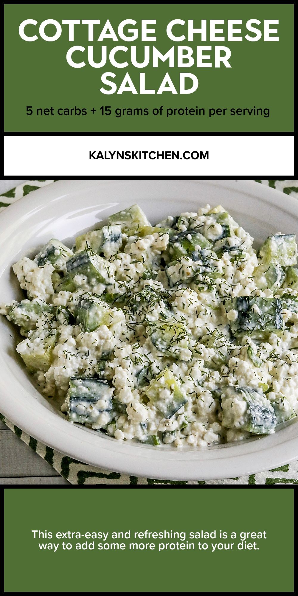 Pinterest image for Cottage Cheese Cucumber Salad shown in serving bowl
